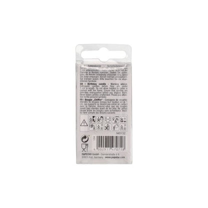 Back of a number candle Mini 6.8 cm from PAPSTAR GmbH with instructions and safety warnings in multiple languages. Black text on white background with safety symbols – perfect for your birthday cake.
