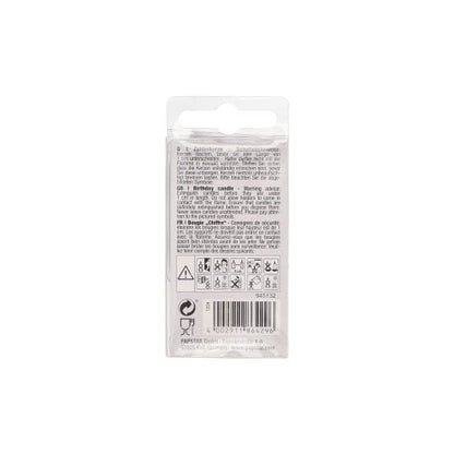 The image shows the back of a PAPSTAR number candle Mini 6.8 cm packaging from PAPSTAR GmbH. The predominantly white packaging is equipped with instructions, safety warnings, symbols, barcode, and black print - ideal for birthday decoration.