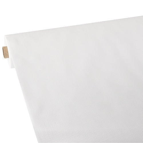 A partially unrolled roll of Starpak tablecloth, fabric-like, fleece "soft selection plus" shows its smooth, clean white surface and a cardboard tube core at one end.
