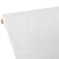 A partially unrolled roll of Starpak tablecloth, fabric-like, fleece "soft selection plus" shows its smooth, clean white surface and a cardboard tube core at one end.