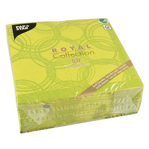 A pack of 50 green PAPSTAR napkins "ROYAL Collection", 40 x 40 cm, from PAPSTAR GmbH, in clear plastic with visible product labels on the packaging.