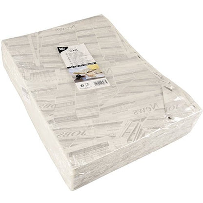 A sealed package of PAPSTAR 5 wrapping papers "Newsprint" (3 cm x 2 cm) from PAPSTAR GmbH features a product label with text and images; made from high-quality material, the simple white sheets are ideal for wrapping or protecting items during packing.