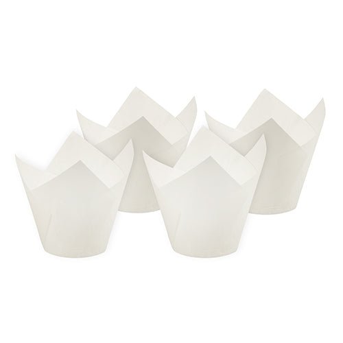 Four white PAPSTAR baking molds "Tulip" (Ø 5 cm, 8.5 cm) from PAPSTAR GmbH are grouped in front of a simple white background. Ideal for baking, available in packs of 200 pieces.