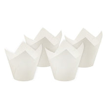 Four white PAPSTAR baking molds "Tulip" (Ø 5 cm, 8.5 cm) from PAPSTAR GmbH are grouped in front of a simple white background. Ideal for baking, available in packs of 200 pieces.