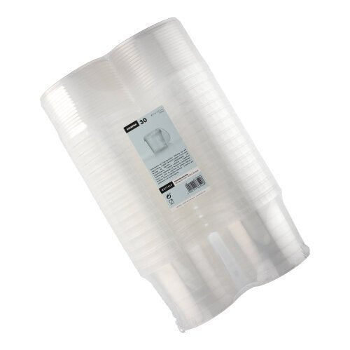 A pack of 30 transparent Starpak disposable cups 770 ml (Ø 11.8 cm, H 11.3 cm, PP) with originality closure, wrapped in shrink wrap and labeled with product information and barcode.