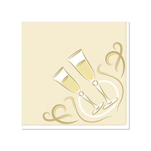 Image of two champagne glasses with bubbles on a beige, gold-embellished background. Ideal for PAPSTAR 20 napkins "ROYAL Collection" 1/4-Fold, 25 cm x 25 cm from the PAPSTAR GmbH.