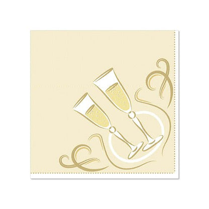 Image of two champagne glasses with bubbles on a beige, gold-embellished background. Ideal for PAPSTAR 20 napkins "ROYAL Collection" 1/4-Fold, 25 cm x 25 cm from the PAPSTAR GmbH.