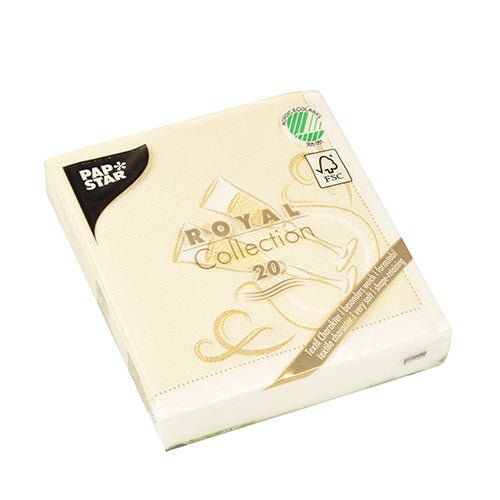 A package of 20 PAPSTAR napkins "ROYAL Collection" 1/4-Fold, cream, 25x25 cm, FSC-certified with golden design on the packaging, from the PAPSTAR GmbH.