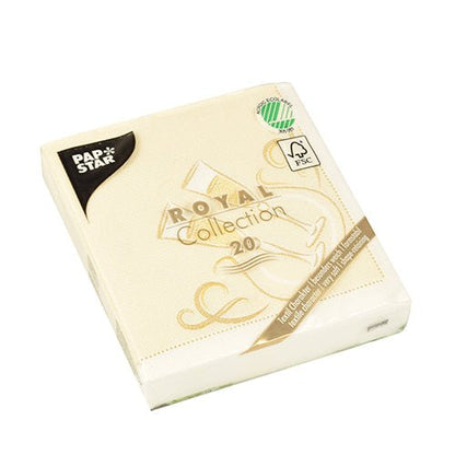 A package of 20 PAPSTAR napkins "ROYAL Collection" 1/4-Fold, cream, 25x25 cm, FSC-certified with golden design on the packaging, from the PAPSTAR GmbH.