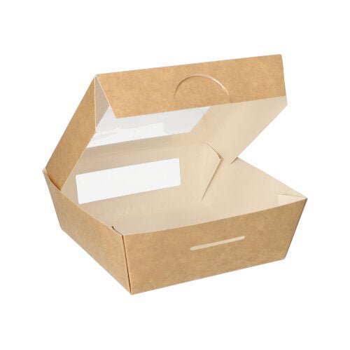 The PAPSTAR 25 gourmet boxes (square, cardboard with PLA window) from PAPSTAR GmbH show their white interior through a partially open lid and are made from sustainable materials against a white background.