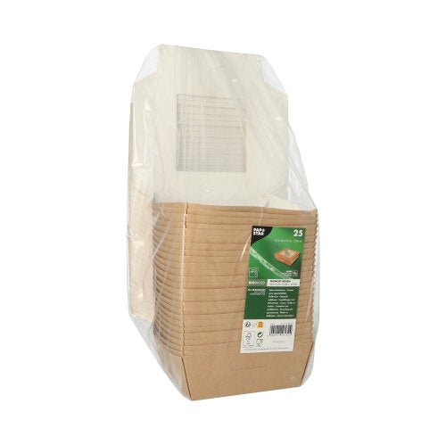 A stack of PAPSTAR 25 gourmet boxes, cardboard with PLA window, square from PAPSTAR GmbH is wrapped in clear foil and bears a green and white label on the front indicating environmentally friendly packaging.