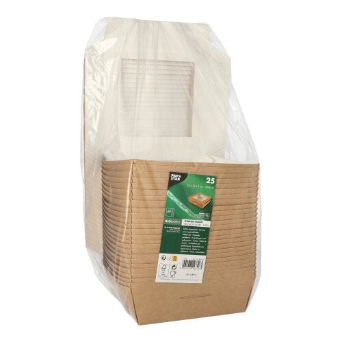 A stack of 25 PAPSTAR gourmet boxes made of cardboard with a PLA window from PAPSTAR GmbH is packaged in a clear bag. The square boxes are partially visible through the window and have a product label on the front.