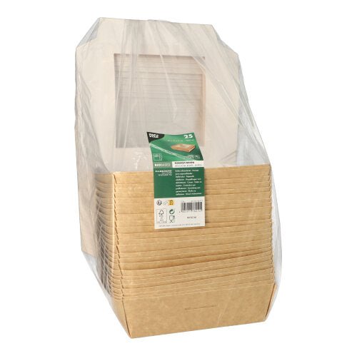 A stack of PAPSTAR 25 gourmet boxes from PAPSTAR GmbH, made of cardboard with a PLA window, partially wrapped in clear film and labeled green/white – ideal for environmentally friendly packaging from sustainable materials.