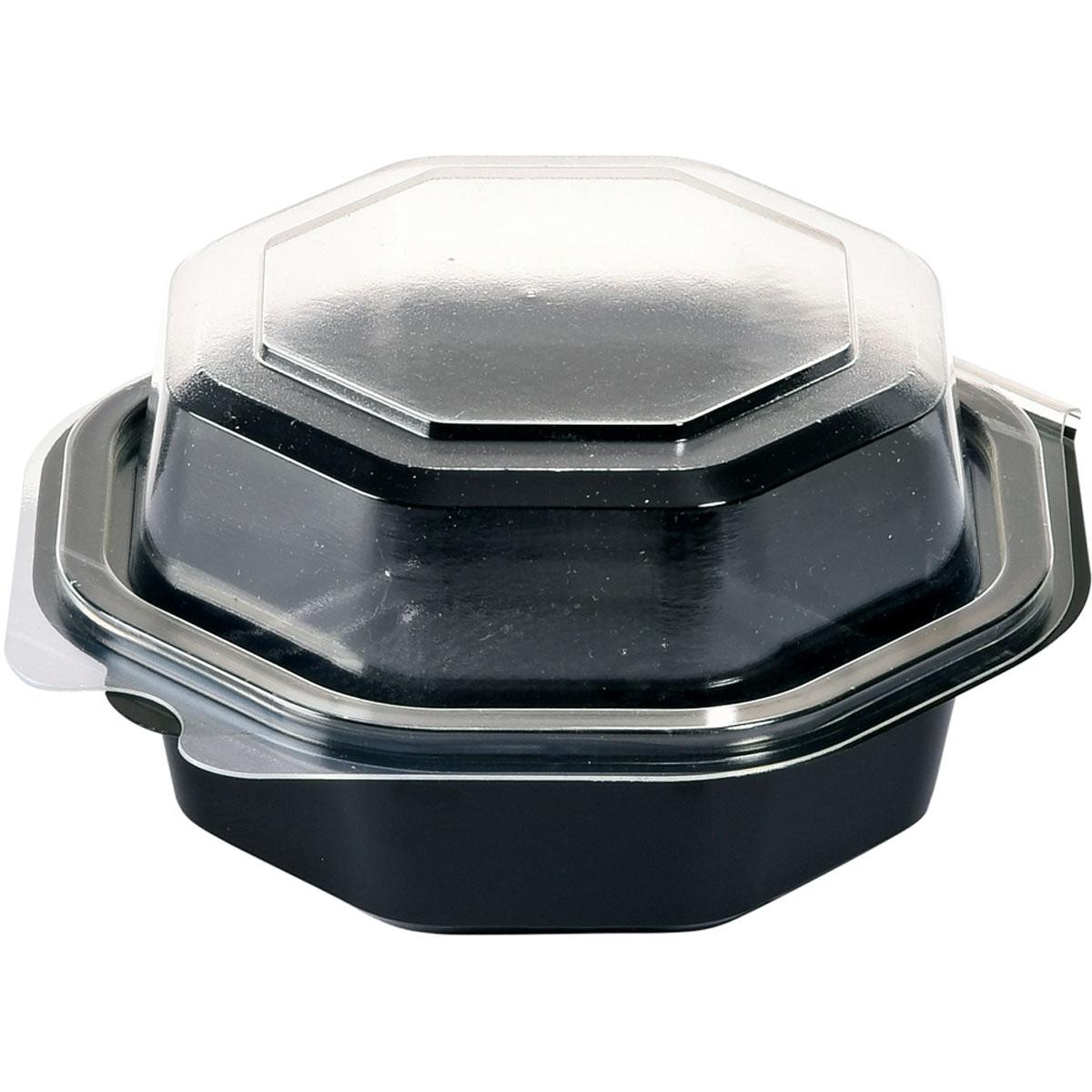 The Octaview® Black/Transparent PS 118x118x60 Takeout Container from Duni GmbH with a black base and clear, hexagonal lid is ideal for the safe transport of meals and catering. Package: 375 pieces.