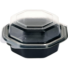 The Octaview® Black/Transparent PS 118x118x60 Takeout Container from Duni GmbH with a black base and clear, hexagonal lid is ideal for the safe transport of meals and catering. Package: 375 pieces.
