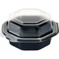 The Octaview® Black/Transparent PS 118x118x60 Takeout Container from Duni GmbH with a black base and clear, hexagonal lid is ideal for the safe transport of meals and catering. Package: 375 pieces.