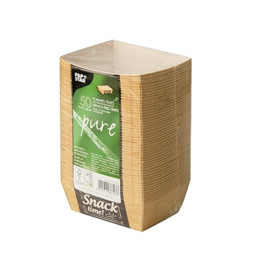 A package with 50 PAPSTAR French fries trays "pure" (3.5 x 7 cm), shrink-wrapped, features a label on the front with the "Good Food" brand from PAPSTAR GmbH and indicates that the trays are environmentally friendly and biodegradable.