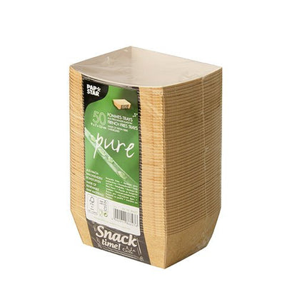 A package with 50 PAPSTAR French fries trays "pure" (3.5 x 7 cm), shrink-wrapped, features a label on the front with the "Good Food" brand from PAPSTAR GmbH and indicates that the trays are environmentally friendly and biodegradable.