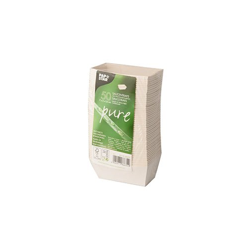 A pack of 50 white PAPSTAR "pure" sauce trays (3.5x3 cm), ideal for snacks, made from eco-friendly cardboard, in shrink wrap from PAPSTAR GmbH - perfect for use in the catering industry.