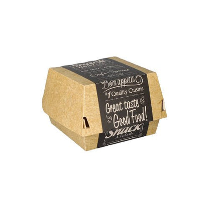 A closed brown PAPSTAR 50 burger boxes made of cardboard "pure" Good Food by PAPSTAR GmbH, with a black label with "Enjoy your meal! Quality kitchen, great taste Good Food! Snack," stands centrally on a white background.