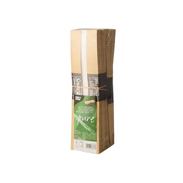 A stack of 50 snack trays by PAPSTAR GmbH, cardboard "pure" "Good Food", is bundled in packaging with green and white lettering and offers a sustainable serving solution for your kitchen. The trays stand upright against a white background.