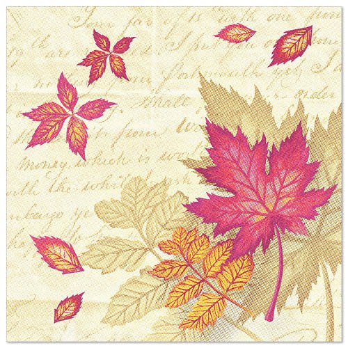 Illustration of red, orange, and yellow autumn leaves on a beige background with faint cursive - a design inspired by the "ROYAL Collection" 50 napkins 1/4-fold from PAPSTAR GmbH (40 x 40 cm). Some leaves are vibrant, others muted.