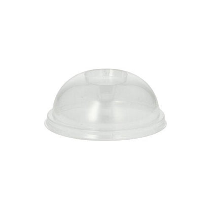 The PAPSTAR 100 dome lid, PLA "pure" round Ø 9.5 cm · 4.5 cm crystal clear from PAPSTAR GmbH is a clear, dome-shaped lid with a small, round opening, designed for cups or food containers. Depicted on a plain white background.