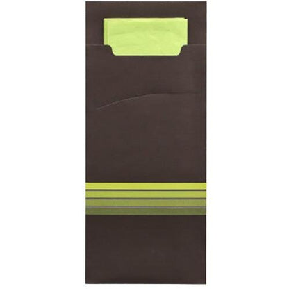 A PAPSTAR GmbH 520 cutlery pouch (20 x 8.5 cm) with three yellow-green stripes at the bottom edge, containing a matching folded light green 2-ply napkin in the format 33 x 33 cm, partially visible through the open top.