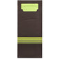 A PAPSTAR GmbH 520 cutlery pouch (20 x 8.5 cm) with three yellow-green stripes at the bottom edge, containing a matching folded light green 2-ply napkin in the format 33 x 33 cm, partially visible through the open top.