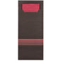 A dark brown PAPSTAR 520 cutlery pouch cover (20x8.5cm) from PAPSTAR GmbH with a matching red napkin, partially visible inside, features three horizontal red and gray stripes at the bottom.
