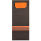 The PAPSTAR 520 cutlery pouches (20 x 8.5 cm) from PAPSTAR GmbH are a brown paper cover with three orange stripes, serving as an elegant cutlery pouch and containing a matching, partially visible orange napkin (33 x 33 cm, 2-ply).
