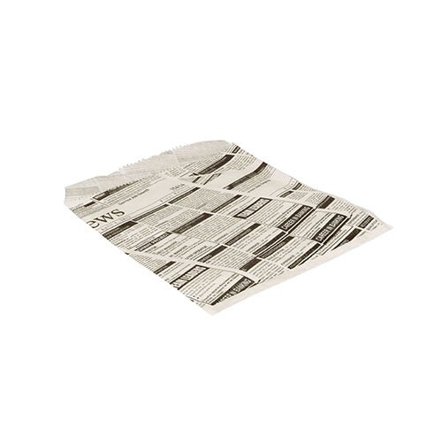A PAPSTAR GmbH hamburger bag "Newsprint" (16x18 cm, greaseproof) lies flat on a white background. The paper, used as a parchment substitute, shows black and white text in newspaper style and bold headlines. Package: 300 pieces.