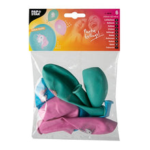 A transparent plastic package with six colorful balloons (Ø 29 cm) from PAPSTAR GmbH with unicorn print. The top label shows "PAPSTAR" as well as images of balloons and smiling people. Available in blue, green, and pink.