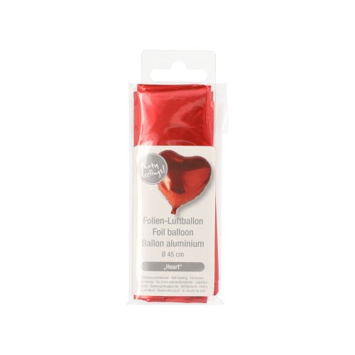 The PAPSTAR foil balloon heart red (Ø 45 cm) comes upright in a transparent bag with information in German, English, and French - ideal for weddings or Valentine's Day. Brand: PAPSTAR GmbH.
