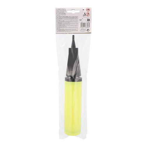 The PAPSTAR pump for foil balloons from PAPSTAR GmbH is a yellow hand pump (28x4.5 cm) that is perfect as a party accessory. It is equipped with a black nozzle and packaged in a transparent bag with a label on the top containing product information and safety instructions.