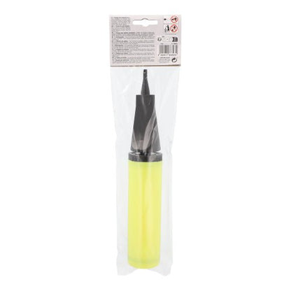 The PAPSTAR pump for foil balloons from PAPSTAR GmbH is a yellow hand pump (28x4.5 cm) that is perfect as a party accessory. It is equipped with a black nozzle and packaged in a transparent bag with a label on the top containing product information and safety instructions.