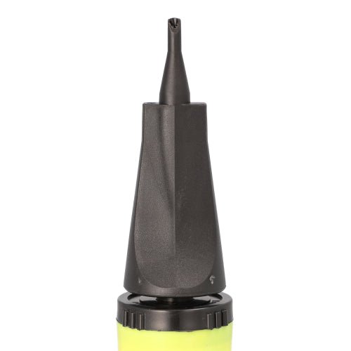 A close-up of the PAPSTAR pump for foil balloons from PAPSTAR GmbH in yellow (28x4.5 cm), photographed against a white background - its sleek design resembles a compact party accessory or a mini balloon pump.