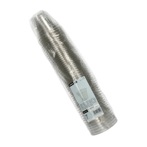 A pack of 50 Starpak "Hurricane" PET crystal-clear drinking cups, packaged in plastic with a white label on the front containing product data and a barcode.