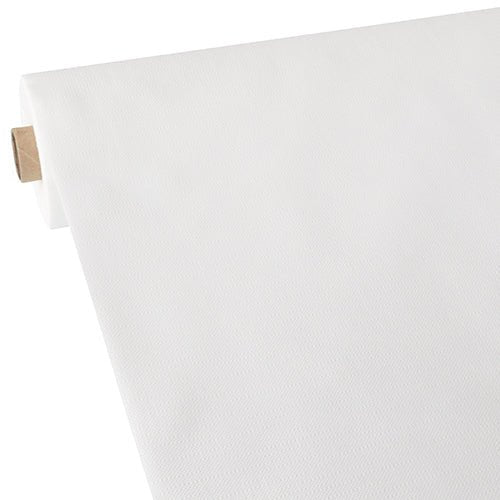 A roll of Starpak tablecloth, fabric-like, fleece "soft selection plus" is partially unrolled to show its texture, wrapped around a brown cardboard sleeve and placed against a white background.
