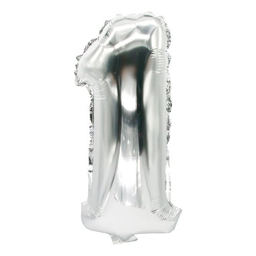 The PAPSTAR foil balloon (35 x 20 cm) in silver from PAPSTAR GmbH, shaped as the number one and photographed against a white background – ideal as an elegant decoration for any special occasion.