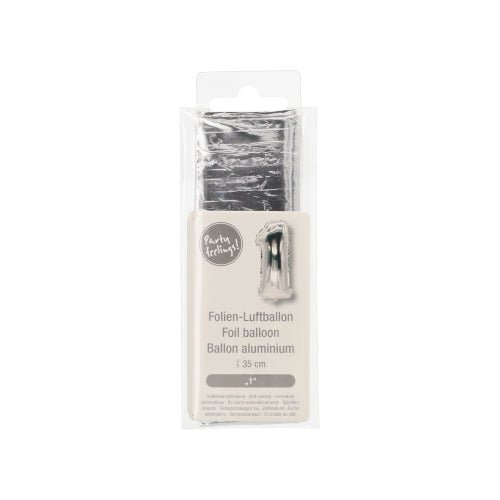 A packaged PAPSTAR foil balloon from PAPSTAR GmbH in the shape of the letter 'I' in silver measures 35 x 20 cm and comes with multilingual packaging for practical handling.