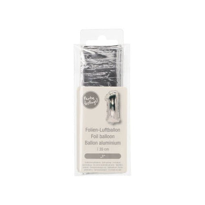 A packaged PAPSTAR foil balloon from PAPSTAR GmbH in the shape of the letter 'I' in silver measures 35 x 20 cm and comes with multilingual packaging for practical handling.