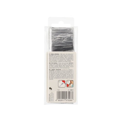 On the back of the unopened packaging of the PAPSTAR foil balloon 35 cm x 20 cm silver from PAPSTAR GmbH are adhesive squares, a guide, a barcode, and an application image.