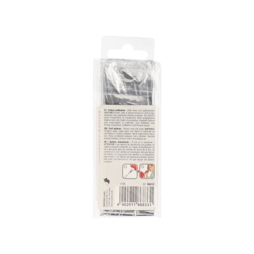 The PAPSTAR foil balloon 35 x 20 cm in silver from PAPSTAR GmbH is delivered in a clear packaging with a multilingual user guide, barcode, and application image – ideal for your next silver-themed decoration.