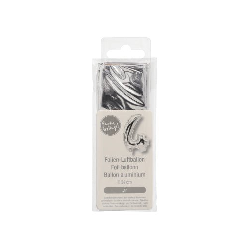 The foil balloon from PAPSTAR GmbH is a silver balloon with the number 4 measuring 35 x 20 cm, packaged in transparent plastic with a beige label showing the inflated balloon and product information – perfect for decorations.