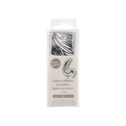 The foil balloon from PAPSTAR GmbH is a silver balloon with the number 4 measuring 35 x 20 cm, packaged in transparent plastic with a beige label showing the inflated balloon and product information – perfect for decorations.