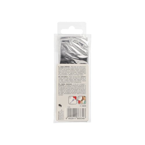 The back of the packaging of the PAPSTAR foil balloon 35 cm x 20 cm silver from PAPSTAR GmbH shows a black item inside, a printed guide, two application images at the bottom, and a barcode at the bottom.