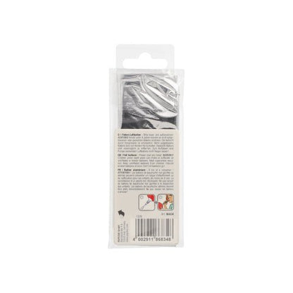 The back of the packaging of the PAPSTAR foil balloon 35 cm x 20 cm silver from PAPSTAR GmbH shows a black item inside, a printed guide, two application images at the bottom, and a barcode at the bottom.