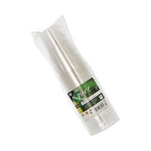 A sealed, plastic-wrapped package with 25 PAPSTAR cold drink cups PLA "pure", crystal clear disposable cups with foam rim. The green-white front label from PAPSTAR GmbH shows product information and various icons.