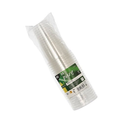 A sealed, plastic-wrapped package with 25 PAPSTAR cold drink cups PLA "pure", crystal clear disposable cups with foam rim. The green-white front label from PAPSTAR GmbH shows product information and various icons.